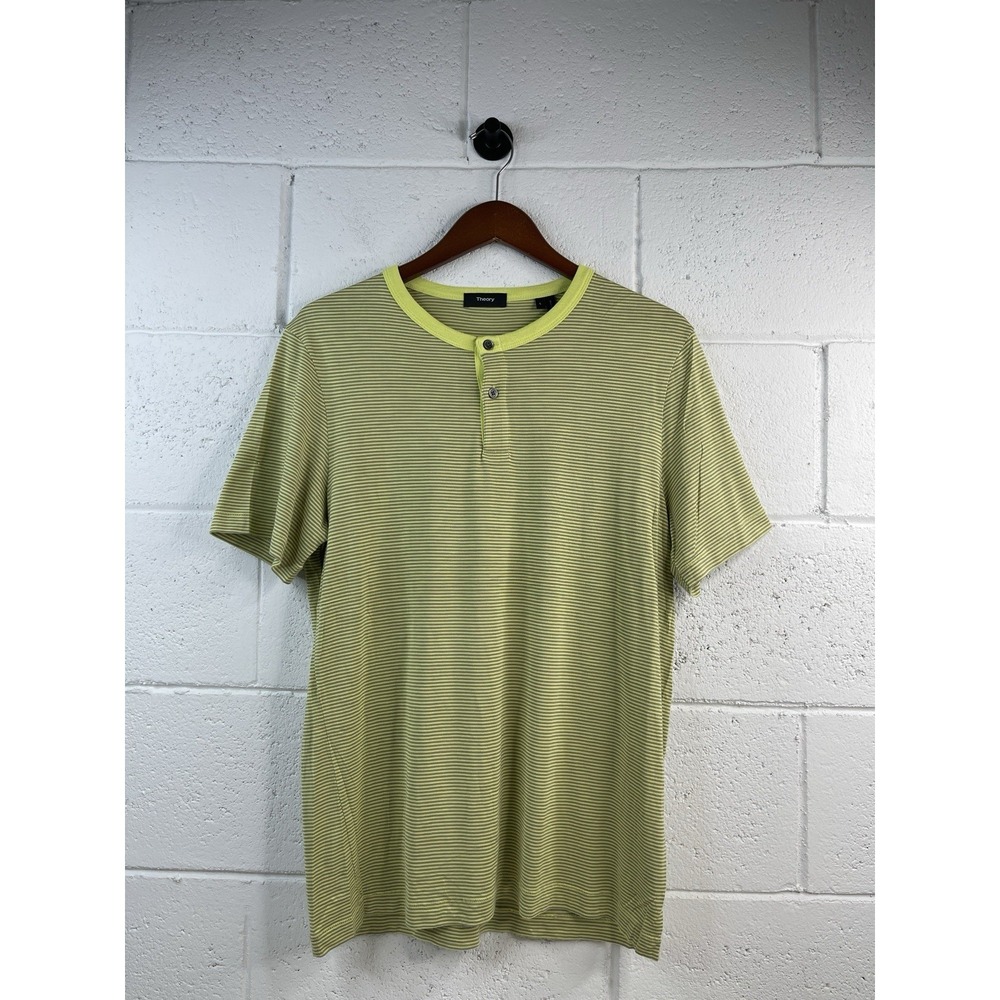 Theory  Men's Henley Stripe Neon Green  Short Sleeve T-Shirt‎ Size L